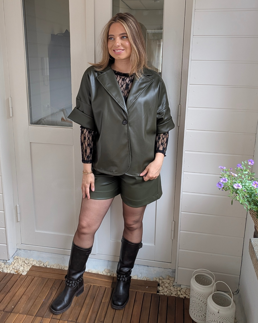 Liva Faux Leather short sleeve Blazer - Green