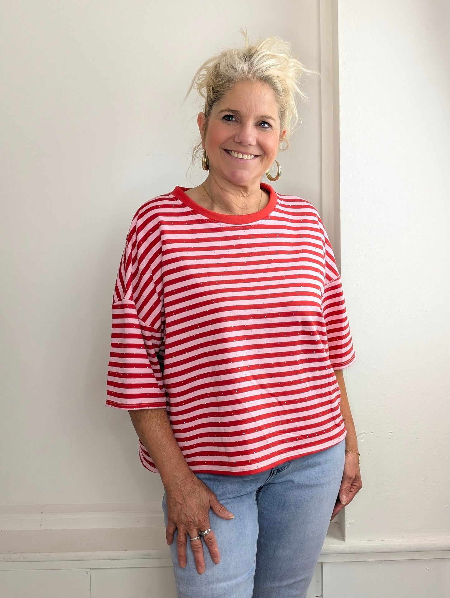 Gestreept shirt shimmer - Roze / Rood