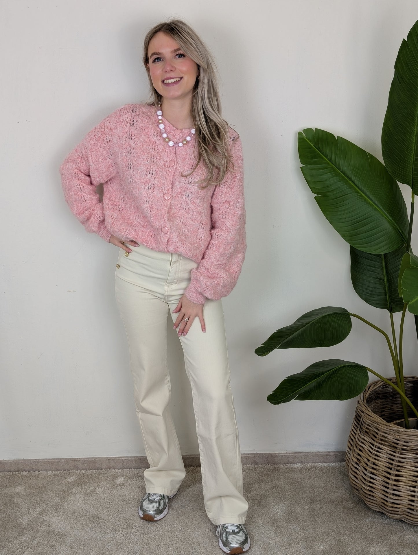 Ajourgebreid Vest met Hartjes knopen - Roze