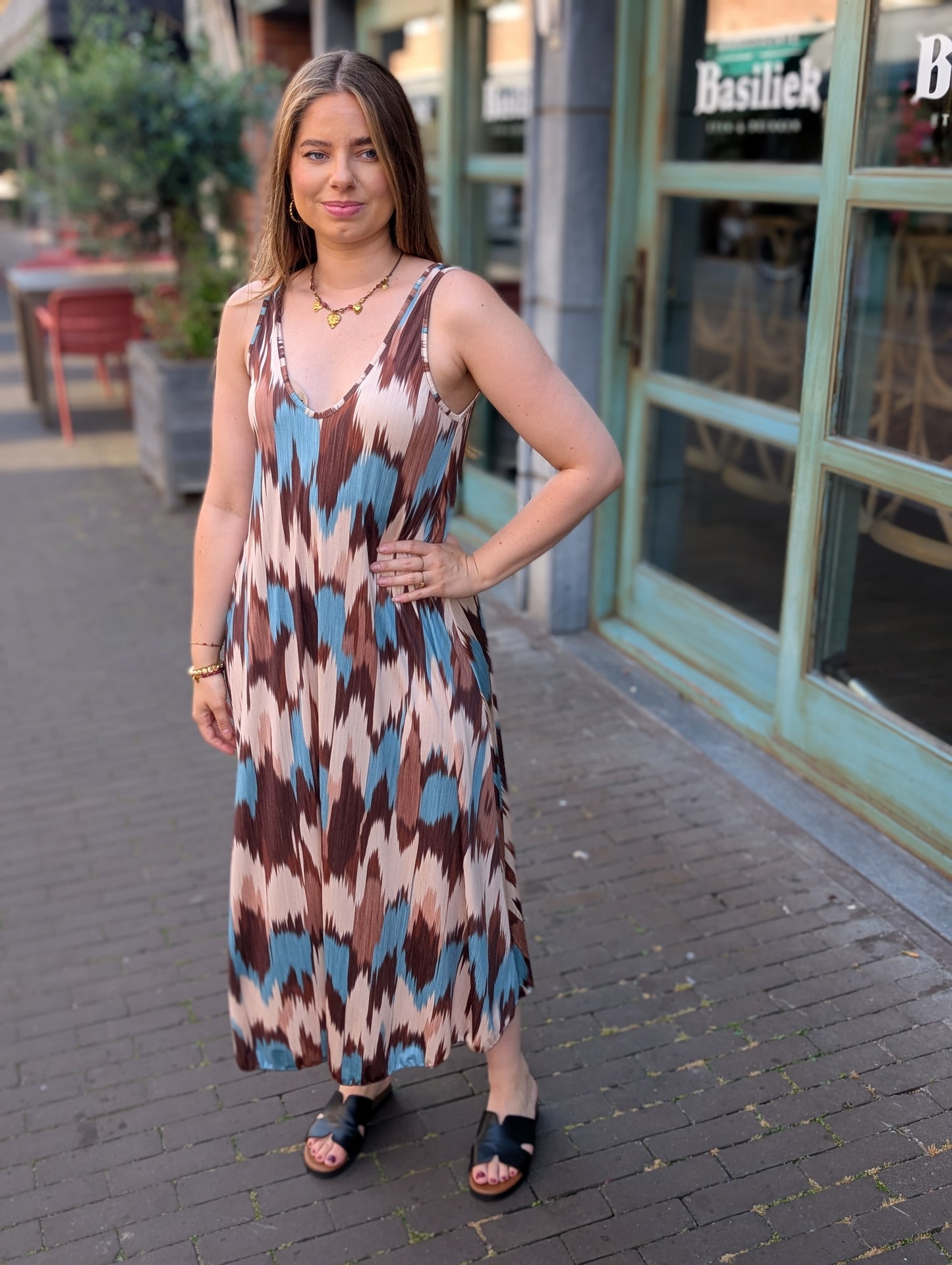 May print jurk - Aqua blauw / sand / bruin