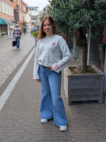 Louise hartjes sweater - Licht grijs / rood