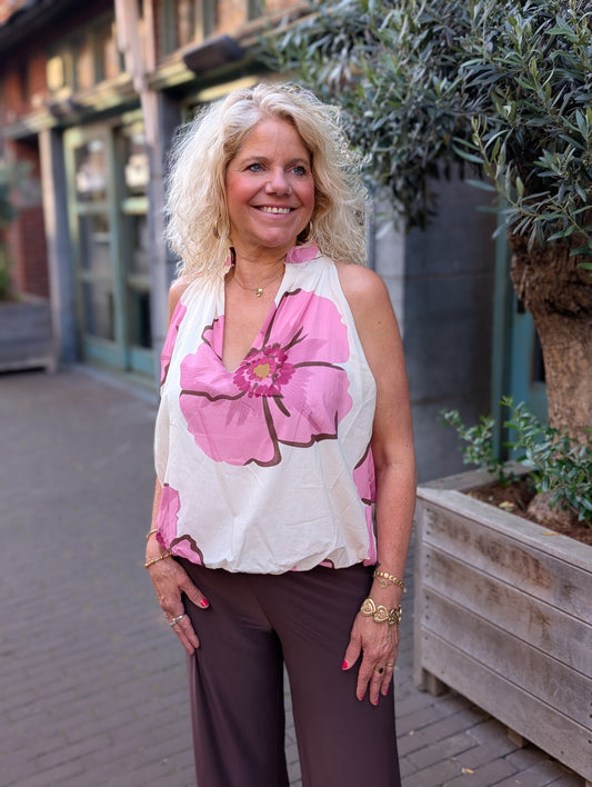 Flower ballon top - Ecru/Roze