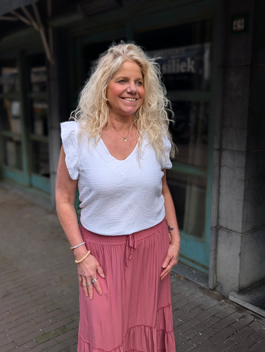 Katoenen ruffle top v-hals - Wit