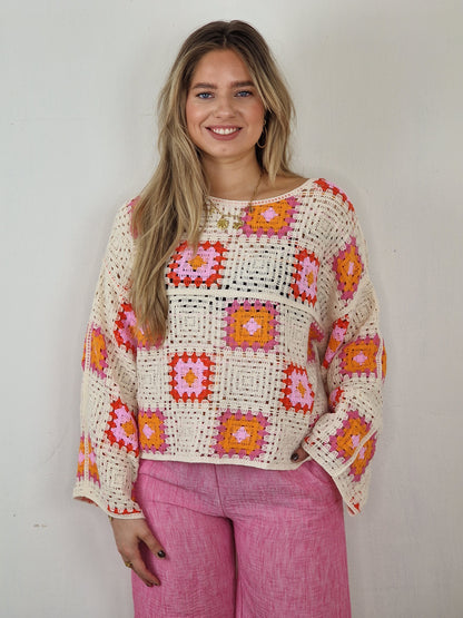 Mona pastel trui - Creme/ orange/ roze