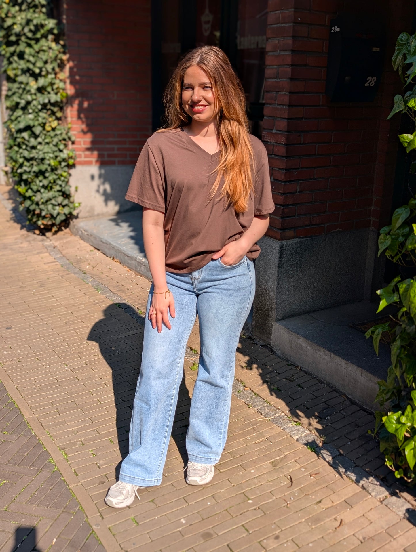 Basis shirt met v-hals - Bruin