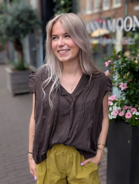 Katoenen ruffle top Marian - Donkerbruin