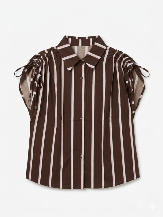The Serene Stripe Bow Top - Bruin/Roze