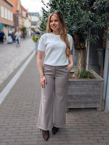 Patty streep wide leg pantalon met riem - Taupe krijtstreep wit