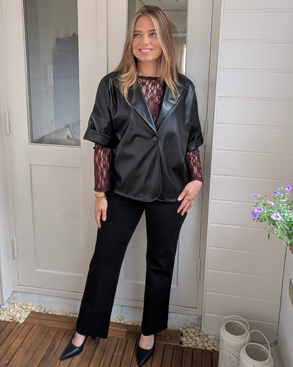 Liva Faux Leather short sleeve Blazer - Black