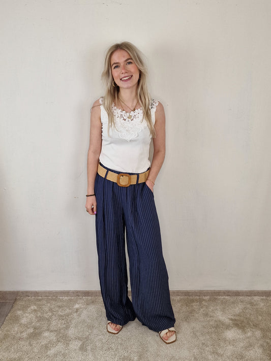 Gestreepte viscose broek Eef - Donkerblauw