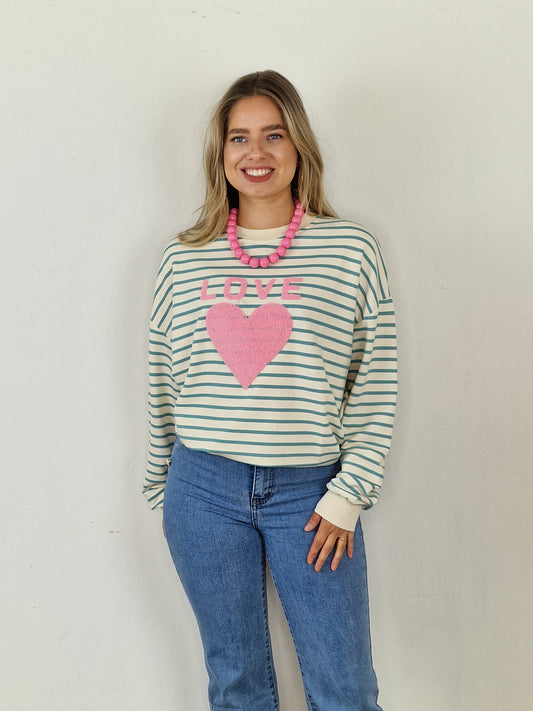 Gestreepte love sweater Renske - Groen