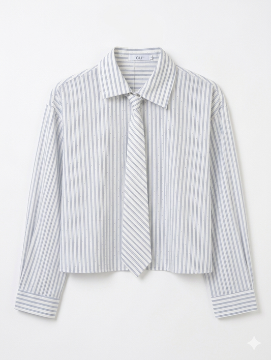 Pinstripe Prep Tie Blouse - Blue/Ecru Glitter