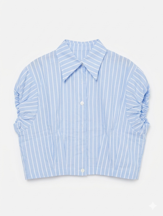 Gestreepte Crop Blouse met Geplooide Schouders - Lichtblauw