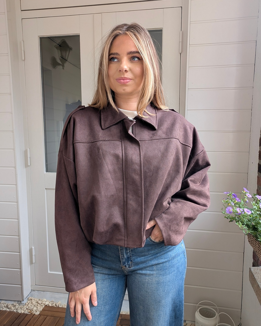 Boxy Suède Jacket - Bruin