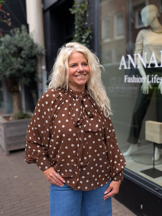 Dots strik blouse - Bruin/ creme