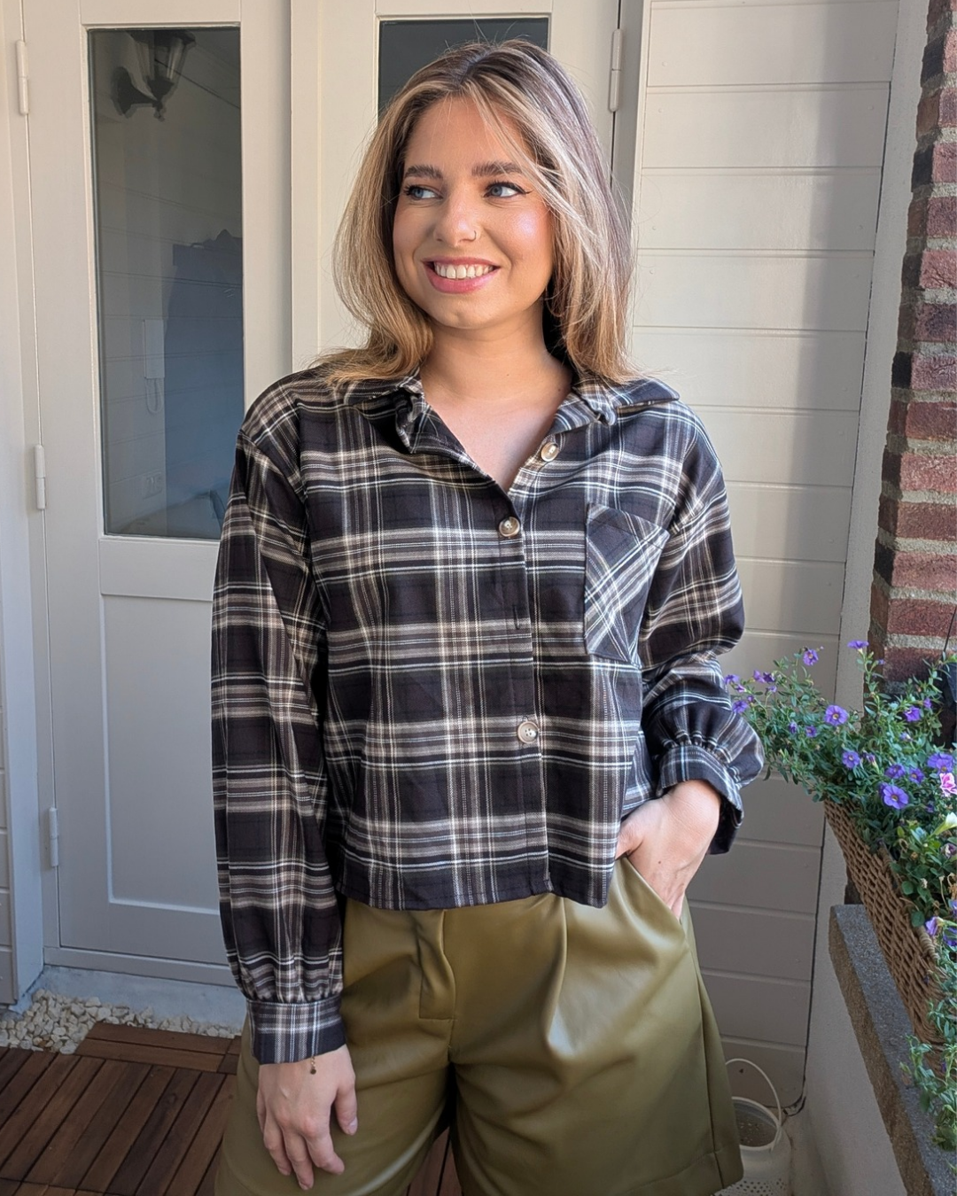 Korte ruitjes blouse Ella - Bruin/Groen