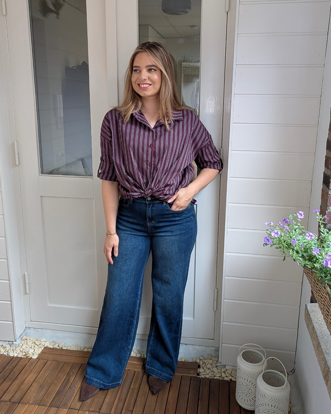 Gestreepte doorknoop blouse - Bordeaux