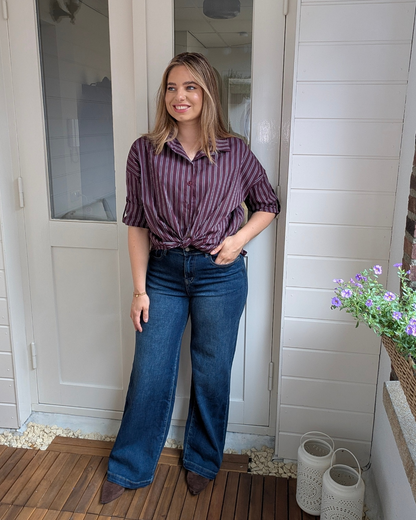Gestreepte doorknoop blouse - Bordeaux
