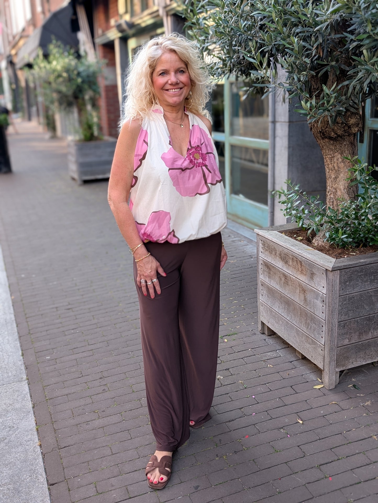 Flower ballon top - Ecru/Roze