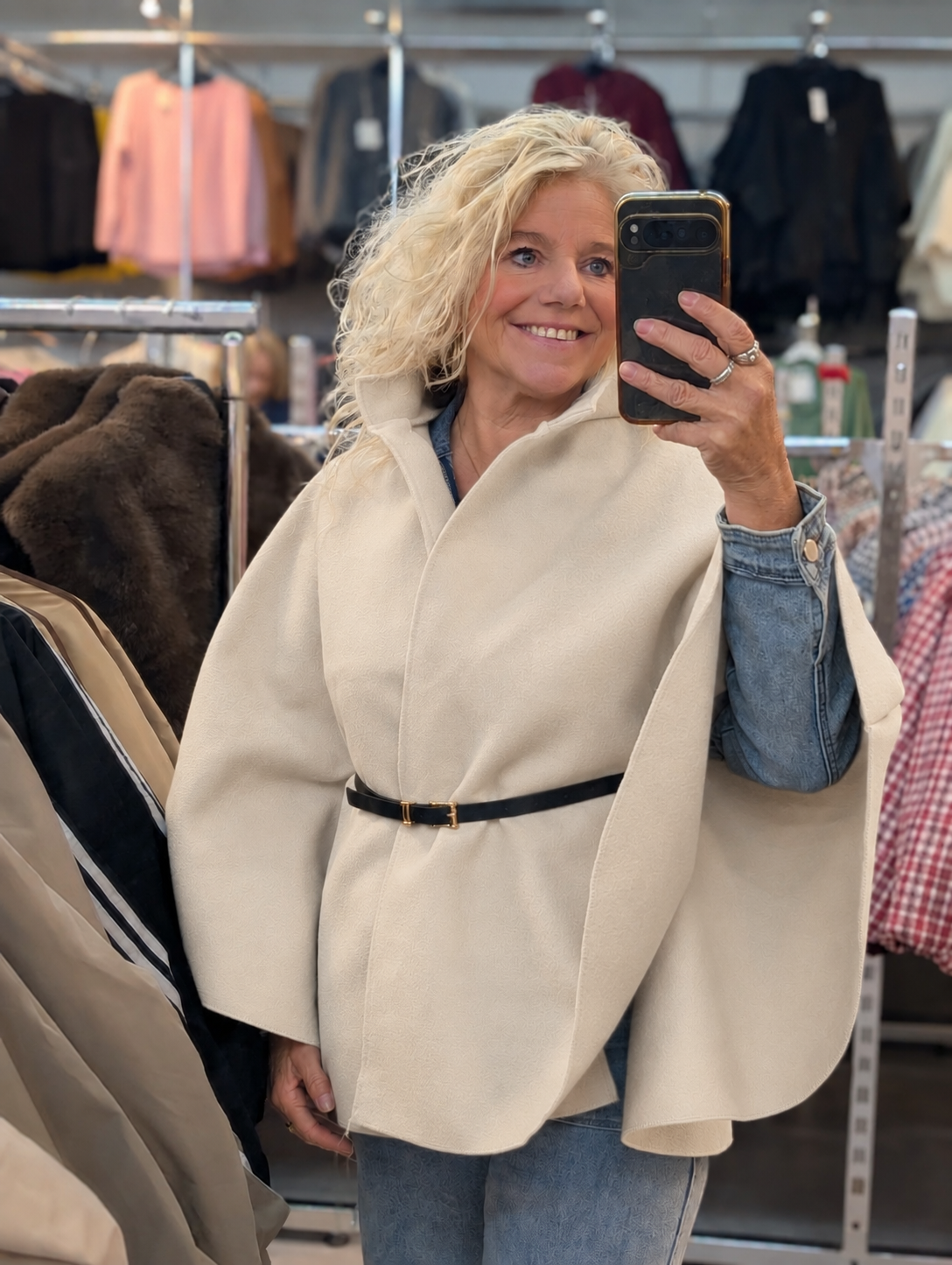 Moons poncho met riem - Off white