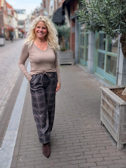 Lian Geruite pantalon met strikceintuur - Bruin / taupe / bordeaux