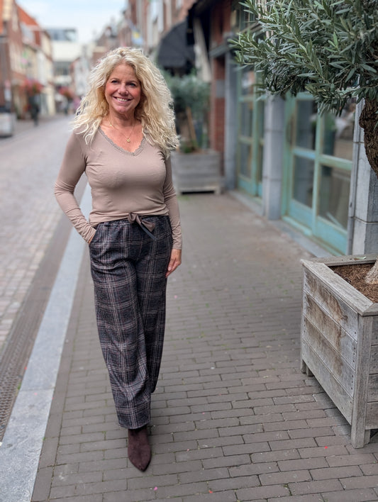 Lian Geruite pantalon met strikceintuur - Bruin / taupe / bordeaux