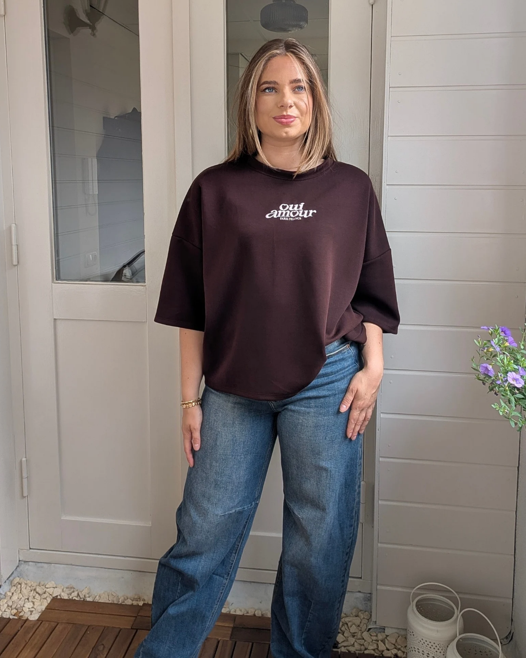 Oui Amour Short Sleeve Sweater - Bruin-Diep Bordeaux/Roze