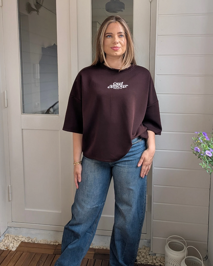 Oui Amour Short Sleeve Sweater - Bruin-Diep Bordeaux/Roze