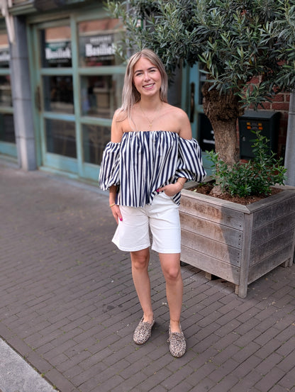 Off the shoulder blouse top - Wit / blauw streep