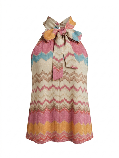 Zigzag Lurex Haltertop met Strik - Roze