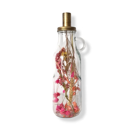 Glazen fles met dinerkaars houder Bella droogbloemen 29cm - Pink/Orange tones